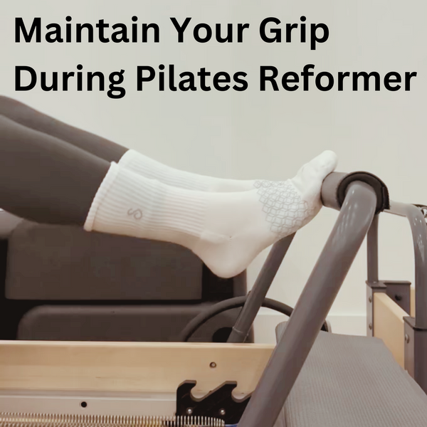 Person using a Pilates reformer with text 'Maintain Your Grip During Pilates Reformer'.