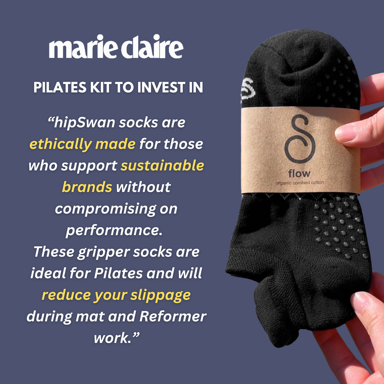 hipSwan Pilates gripper socks recommended by Marie Claire UK